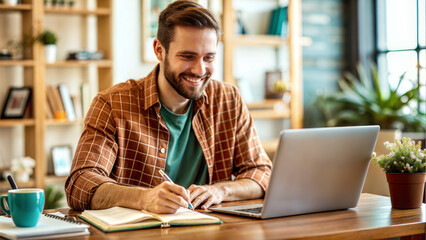 smiling man with laptop writing in notebook at workplace in home office