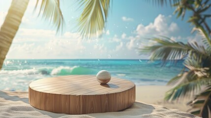 Obraz premium Summer product display on wooden podium at sea tropical beach. generative ai