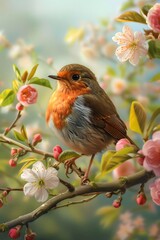 A charming European robin, with its bright red breast, gracefully perches amidst delicate spring blossoms, embodying the beauty of nature's awakening and the vibrant essence of the season