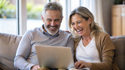 Happy senior couple using laptop in living room at home. Mature couple using computer at home.