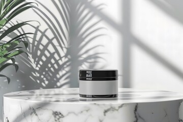 A cosmetic cream jar sits on a marble pedestal under dappled sunlight, hinting at skincare luxury and natural ingredients
