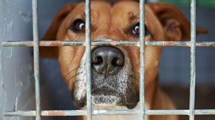 A rescued abandoned dog sits in a cage at an animal shelter