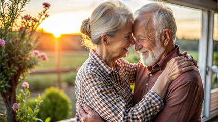 Obraz premium Portrait of happy senior couple embracing each other on terrace at sunset