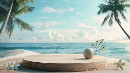 Obraz premium Summer product display on wooden podium at sea tropical beach. generative ai