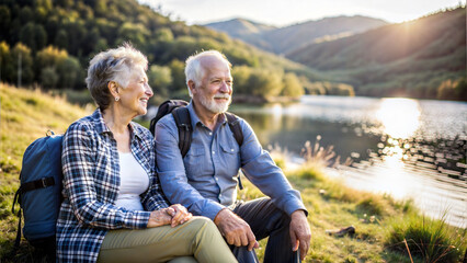 Senior couple hiking in the mountains. They are looking at the lake.