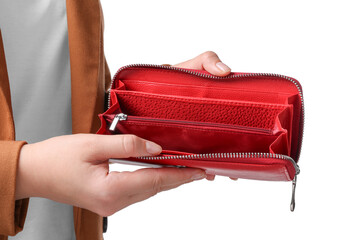 Woman with empty wallet on white background, closeup