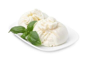 Delicious burrata cheese and basil isolated on white