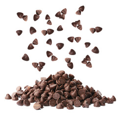 Sweet chocolate chips falling on white background