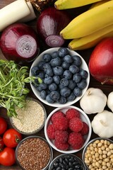 Different fresh products on table, flat lay. Source of prebiotics
