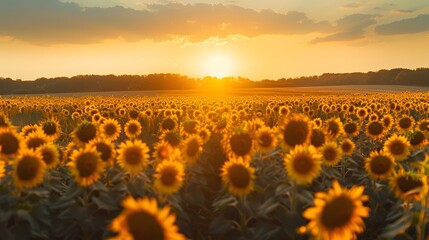 Obraz premium landscape of vast agricultural field with blooming yellow sunflowers in summer countryside during sunset. 