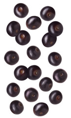 Many acai berries falling on white background