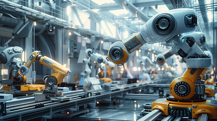 Obraz premium Industrial robots on the modern factory floor