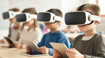 Students using tablets and VR headsets in a modern classroom, back to school technology, blending education with cutting-edge technology