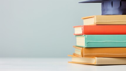 Fototapeta premium a stack of textbooks with a graduation cap, back to school education theme, detailed illustration isolated on white background