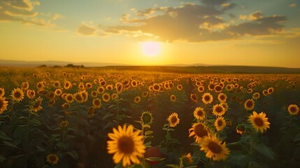 Obraz premium landscape of vast agricultural field with blooming yellow sunflowers in summer countryside during sunset. 
