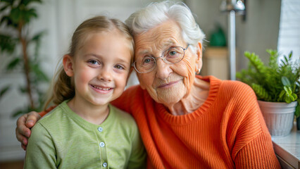 Portrait of a cute little girl with her grandmother at home.