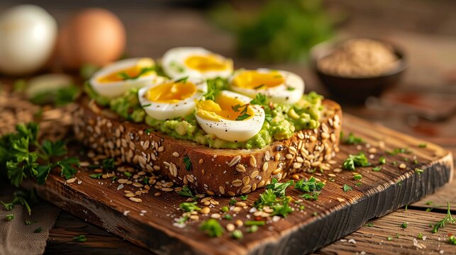 A slice of whole grain bread with avocado toast and hard boiled eggs - Powered by Adobe