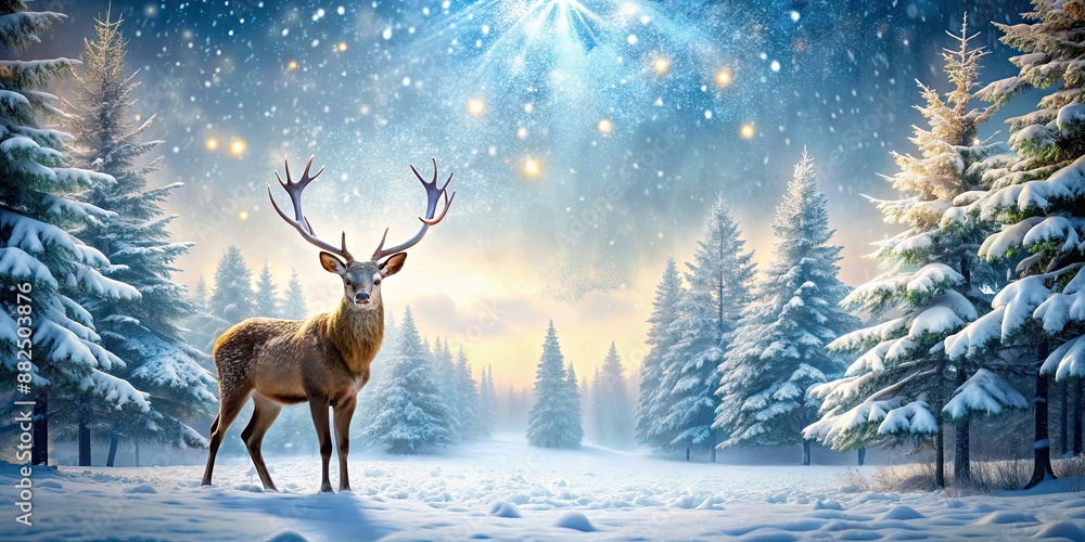 Wall mural Winter wonderland scene with snow-covered trees, majestic deers, and a festive atmosphere , snowy, Christmas, background, snow