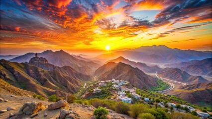 Vibrant sunrise scene in Asir Mountains, Saudi Arabia, Colorful, landscape, background, sunrise, Asir Mountains