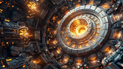 Fototapeta premium Stylized vault door with intricate digital patterns and locks, symbolizing robust data security.