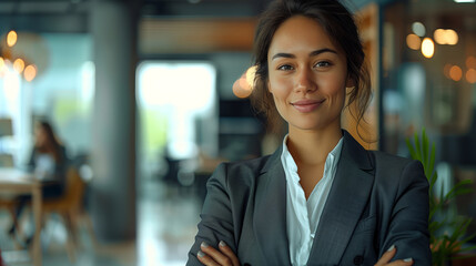 Obraz premium Portrait of a smiling business woman standing with her arms crossed looking at the camera