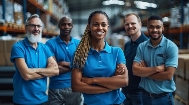 A diverse group of workers in blue polo shirts stand together with their arms crossed and smiling at the camera inside an industrial warehouse filled with machinery and pallets of goods
