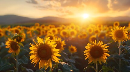 Fototapeta premium landscape of vast agricultural field with blooming yellow sunflowers in summer countryside during sunset. 