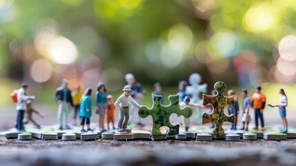 Miniature human figures of various ages and ethnicities collaborating on a puzzle in a community park
