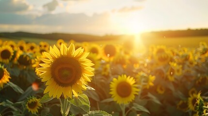 landscape of vast agricultural field with blooming yellow sunflowers in summer countryside during sunset. 