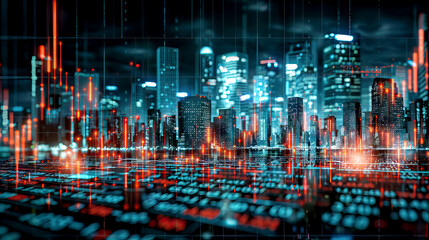 Holographic neon futuristic digital skyline skyscrapers abstract buildings, high tech virtual city, sci fi urban cyber metropolis