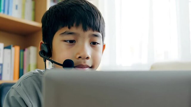 Teenage boy kid wearing a headset using laptop computer