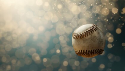 A close-up of a baseball in mid-air with a dreamy, golden bokeh background, capturing the essence of sports and motion.