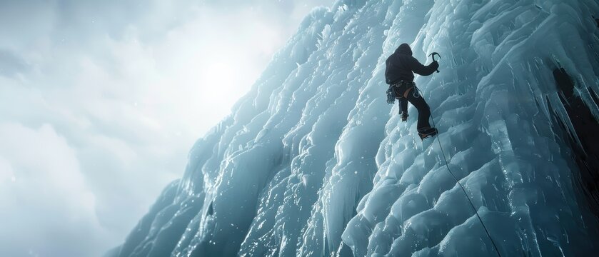 A climber ascends an icy cliff under cloudy skies, demonstrating extreme adventure, strength, and perseverance in challenging conditions.