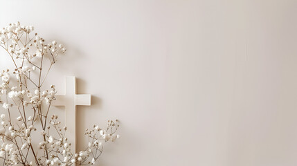 fondo liso claro con espacio para copiar con ramas de flores secas decorativas y una cruz color blanco diseño para invitacion de celebracion cruz de Dios religiosa