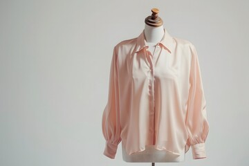 Chic pastel pink silk blouse displayed on an invisible mannequin