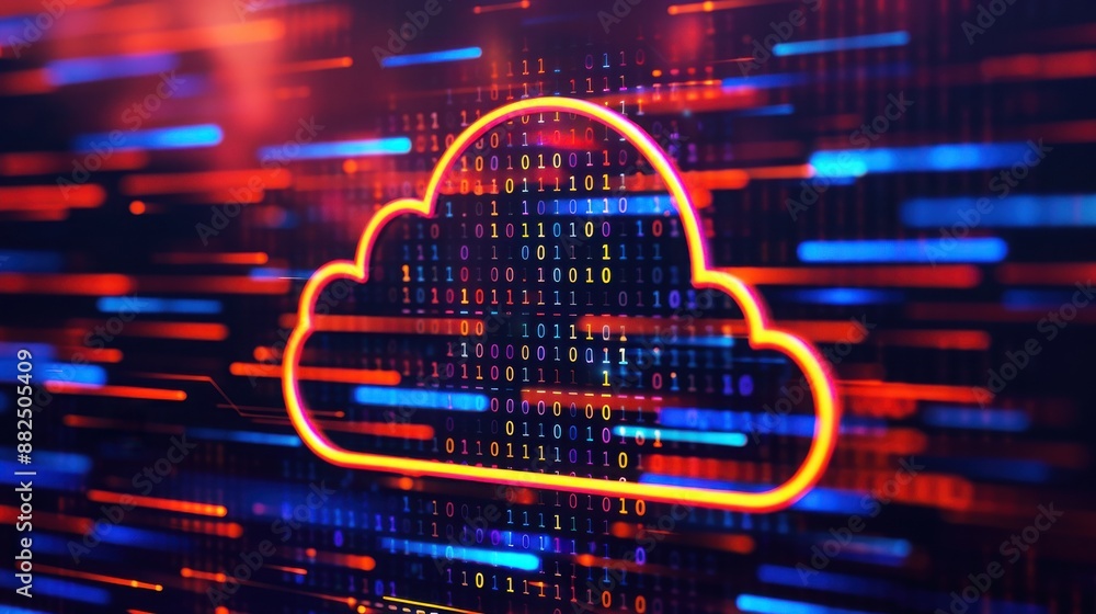 Poster colorful abstract representation of cloud computing and data storage with a neon cloud symbol agains