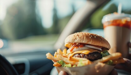 A juicy cheeseburger with fries and a drink in a car, perfect for a satisfying fast food meal on the go.