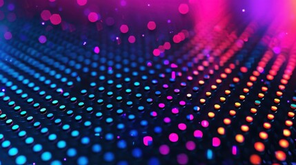 Colorful digital abstract background with vibrant gradient dots and glowing bokeh lights, perfect for modern design and tech concepts.