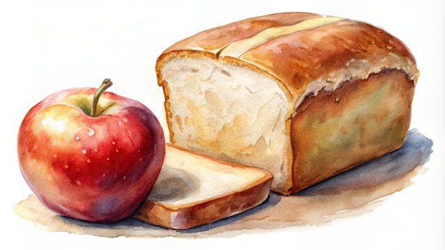 Watercolor of bread and apple on a white background, watercolor,food, bread, apple, white background, artistic
