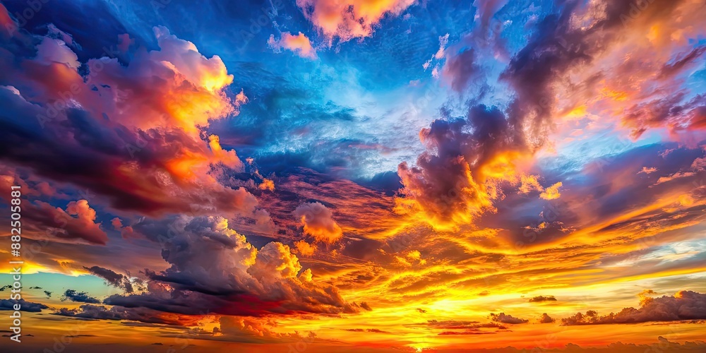 Wall mural Sunset painting the clouds in vivid hues , sky, clouds, sunset, colorful, orange, pink, fluffy, atmospheric, dreamy, serene