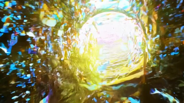 Dark rabbit hole twists into blur. Camera plunges through wooden tunnel, revealing glimpses of verdant wonderland beyond. 