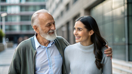 Happy senior couple looking at each other in the city. Cheerful mature man and woman embracing and looking at each other while standing outdoors