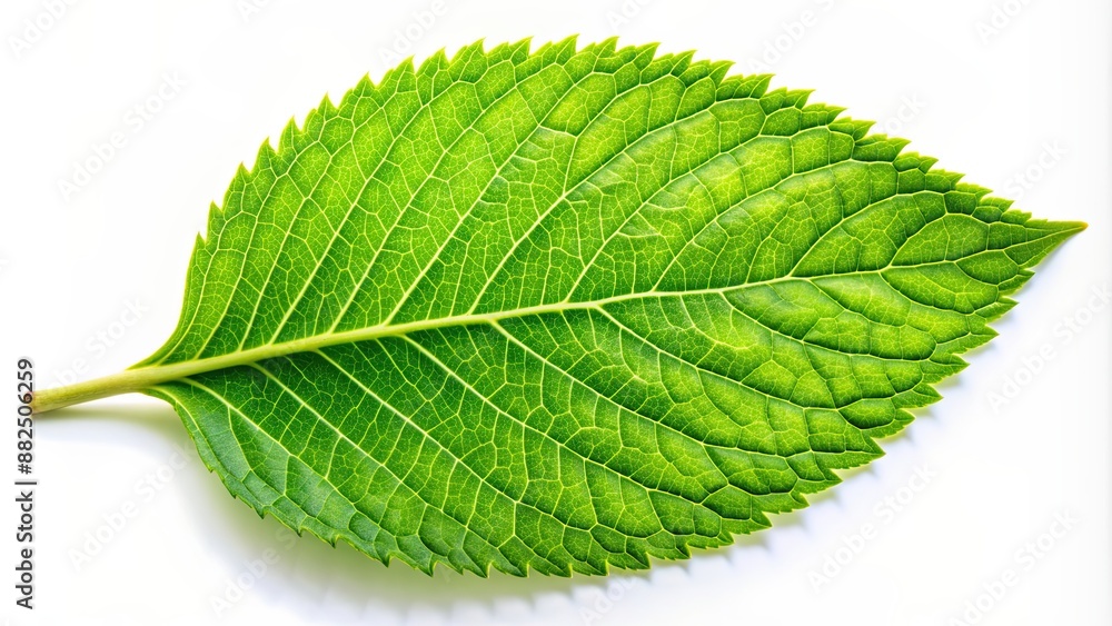 Poster Vibrant green leaf on a white background, vibrant, green, leaf, nature, plant, isolated, close up, macro, botanical