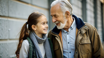 Portrait of smiling grandfather and granddaughter looking at each other in city