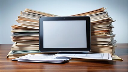 Tablet computer with mountain of business documents and data stored, digitalized image, tablet computer, documents, data