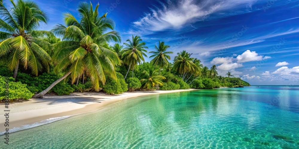 Sticker Tropical paradise beach with crystal clear blue water, white sandy shore, and lush green palm trees , paradise, tropical