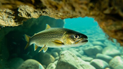 Inactive fish sheltered within a cave-like structure, highlighting the protective cover of the underwater terrain