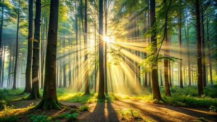 Fototapeta premium Sunlight filtering through trees creating a magical effect in the forest, sun rays, forest, nature, sunbeams, trees