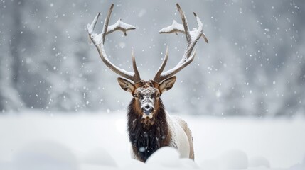 Majestic elk enduring the harsh winter, foraging through the snow, displaying the resilience and survival instincts of wildlife in cold climates