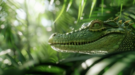 Obraz premium Majestic reptile beasts in a dense jungle, their scales shimmering under the dappled sunlight, conveying an eerie sense of numbness and power